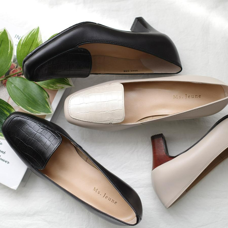 目を惹くクロコ型押しデザインの本革ローヒールシューズ / PO5227