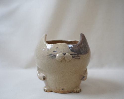 瓷娃一对 当日発送 ねこさん陶製植木鉢(ぶちにゃん) 一輪挿し・花瓶・花器 junko-amonon
