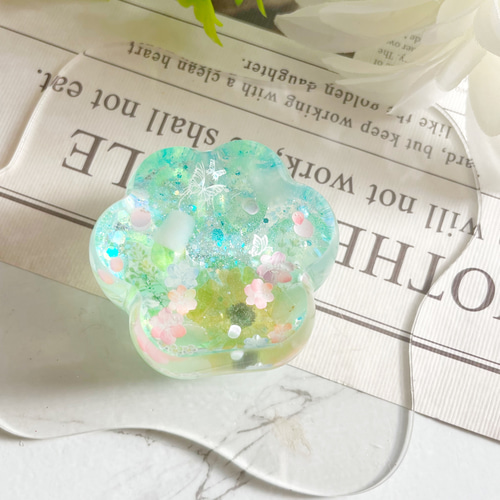 肉球キーホルダー レジン 天然石 名入れ クリア グリーン シンプル