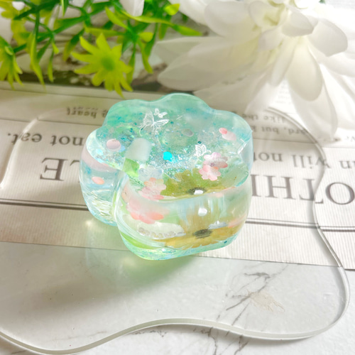 肉球キーホルダー レジン 天然石 名入れ クリア グリーン