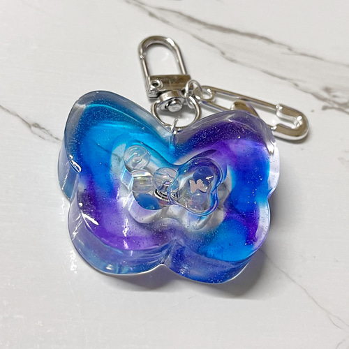 蝶 ダブルシェイカー レジン キーホルダー ブルー パープル