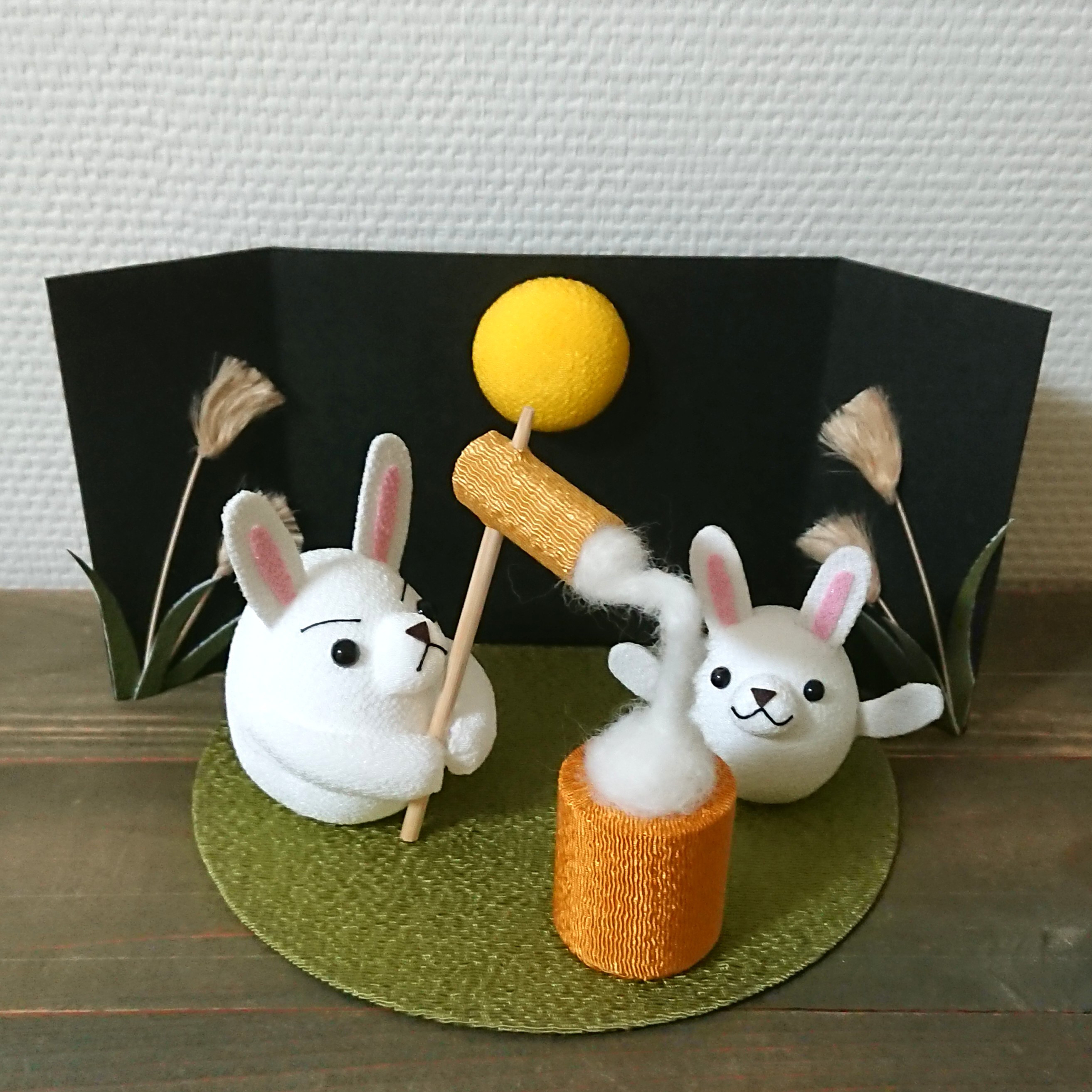 飾り 十五夜 兎 お月見 昭和レトロ 満月 ショーケース入り 餅つきウサギ 置物