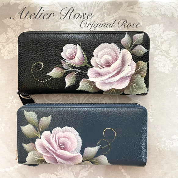 ハンドメイド　バラ柄の本革親子がま口長財布 財布 レディース がま口 本革 日本製 刺繍 花柄 桜 親子 がま口