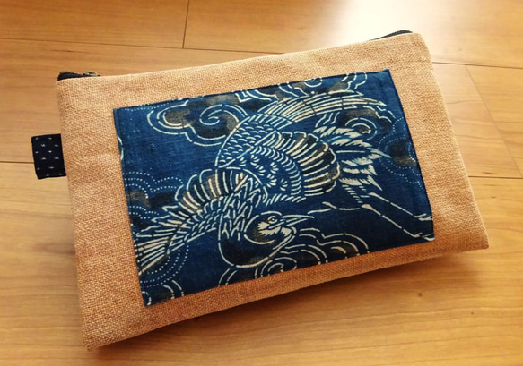 古布型染酒袋　持ち手付きポーチ　ハンドメイド　時代物 古布型染酒袋持ち手付きポーチハンドメイド時代物