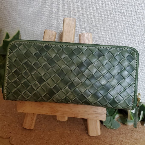 本革 イタリアンレザー 編み込み ラウンドファスナー 本革 長財布 長  