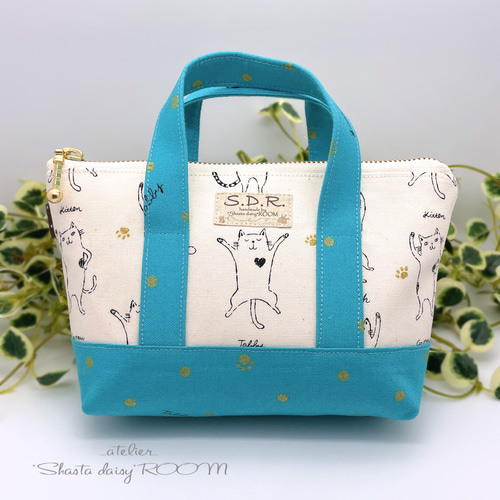 トート型ファスナーポーチ／ねこ柄』【B】ミニトート お散歩ポーチ  