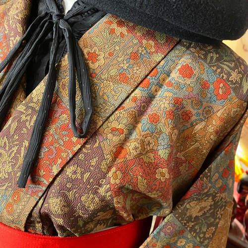 着物リメイク ワンピース ドレス セミロング 洗える 化繊 名古屋帯サッシュベルト 和洋折衷 レトロ 古着 ハンドメイド 陽光のライトオレンジ・ストライプ KW-1219 ff3b8671bee99f83d478d1261e4fe5