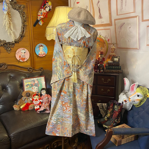 着物リメイクワンピース 洋折衷 着物 リメイク ワンピース ドレス 洗える 化繊 帯サッシュ