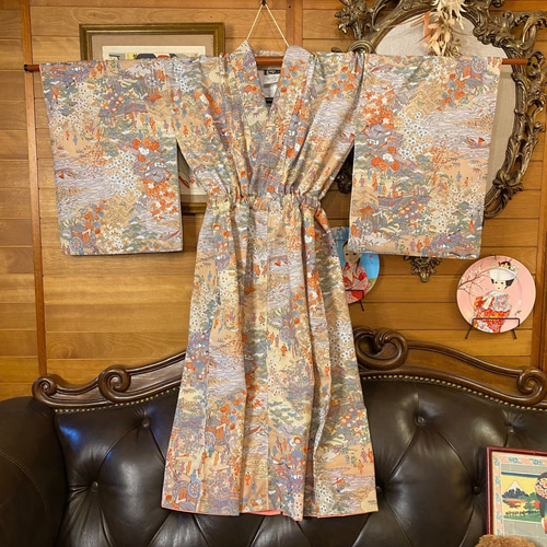 洋折衷 着物 リメイク ワンピース ドレス 洗える 化繊 帯サッシュ