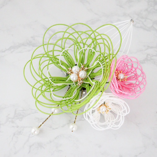 水引髪飾り 立体花の髪飾り クリップピン 若草色 着物の髪飾り 和装髪