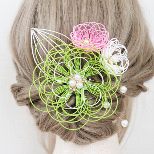水引髪飾り 立体花の髪飾り クリップピン 若草色 着物の髪飾り 和装髪