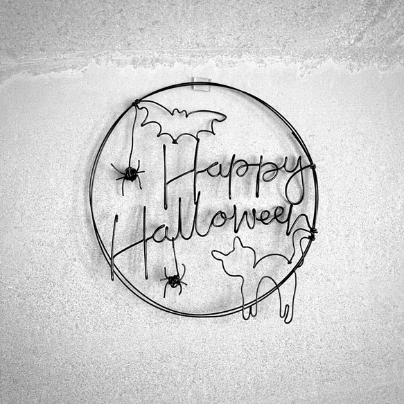 ハッピー ハロウィン 黒猫のリース ワイヤーアート ブラック 虫