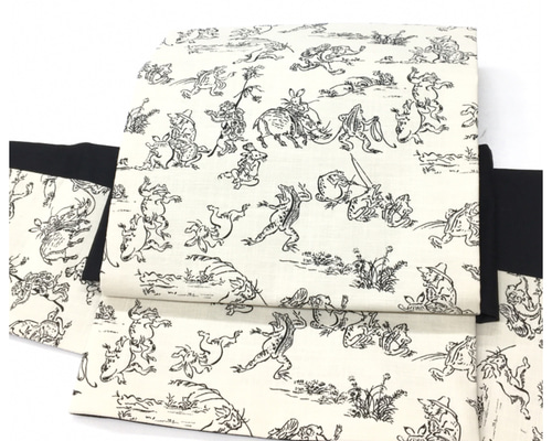 新品 簡単装着 二部式 鳥獣戯画 作り帯 生成り色 綿 コットン