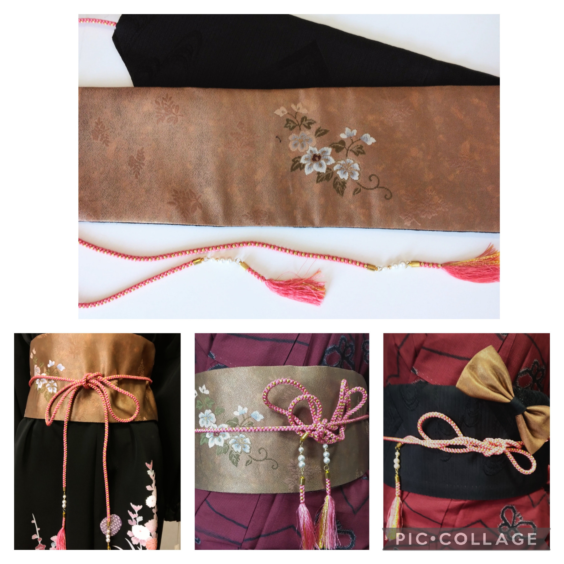 帯ベルト　サッシユベルト　帯地　ブラウンゴールドとブラック　　正絹