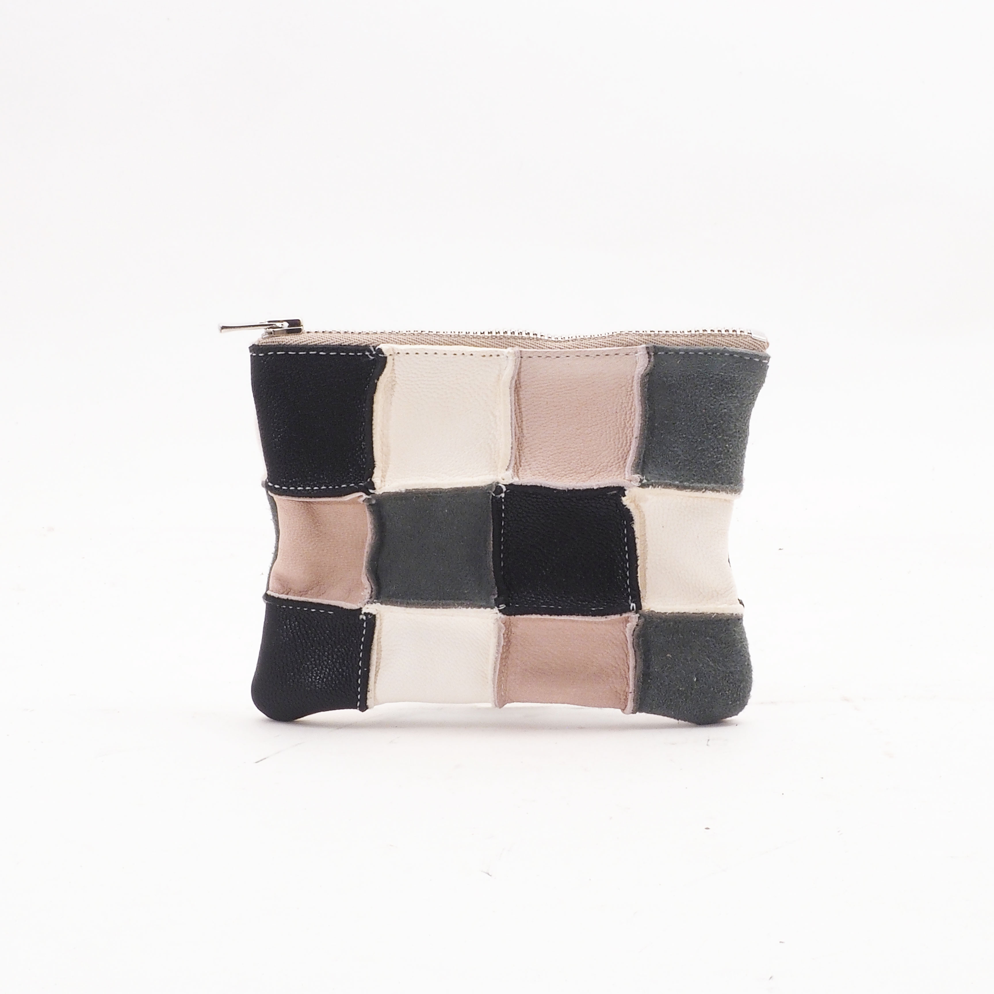 ＜即納＞ミニポーチ（黒白ベージュ灰グリーン）140*100/本革/パッチワーク/小物入れ/PS006
