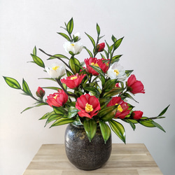 紅白椿♡つる付花器♡アメリカンフラワー♡ディップアート アート