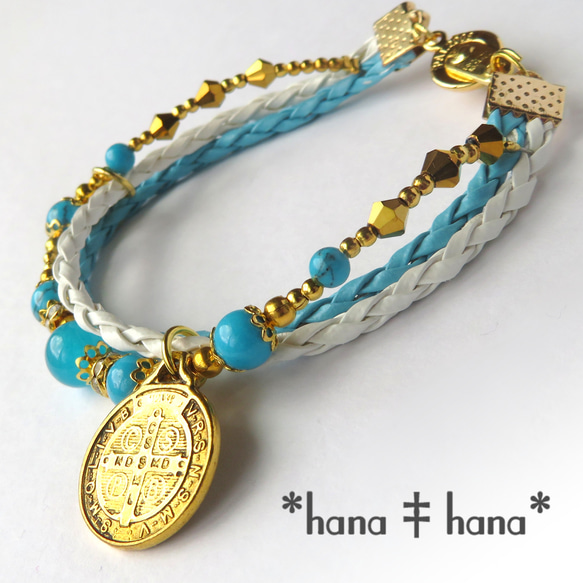 ターコイズ**‡レザー**‡天然石3連ブレスレット2209 ブレスレット *hana