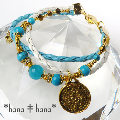 ターコイズ**‡レザー**‡天然石3連ブレスレット2209 ブレスレット *hana