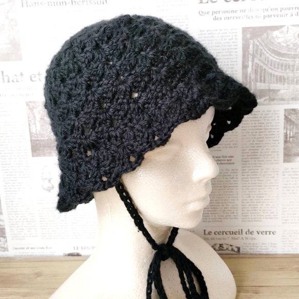 クロシェハット 手編み 紐付き 秋冬 バケットハット クラッシャー