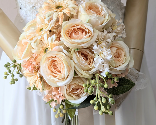 ウェディングブーケ　ブートニア付 ウエディングブーケ(ピーチロ−ズ)ブートニア込み 世界で1つ貴女だけに