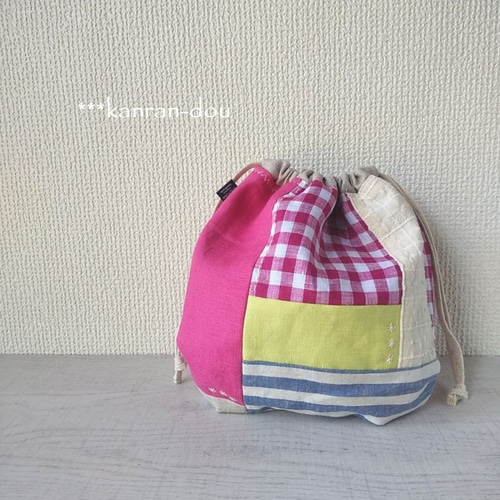 405.リネン 巾着袋 タータンチェック 2個セット （巾着 すくえ）
