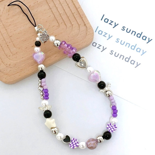 ハンドメイド໒꒱⋆ハート パープル ビーズ ストラップ スマホ