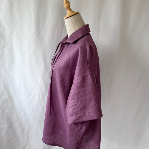 ＊美品＊m_mefu／リネン　コットン 半袖ブラウス　オーバーサイズ 花柄コットンリネン五分袖ブラウス m.m.o. 綿 麻 プルオーバー