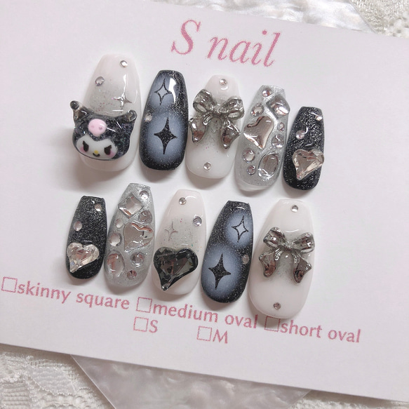 現品 ネイルチップ 黒 マグネットネイル リボン ハート シルバー 韓国