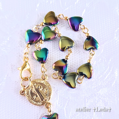 ☆レインボーハートヘマタイト ロザリオブレスレット☆ ~Rainbow  