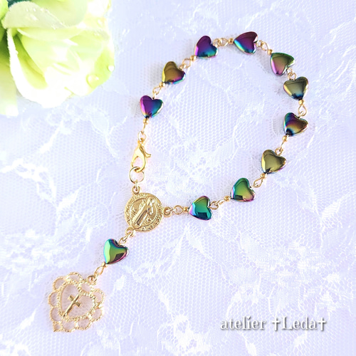 ☆レインボーハートヘマタイト ロザリオブレスレット☆ ~Rainbow  