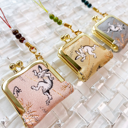 ジュエリーケース 金襴 ミニがま口 和柄ストラップ付 鳥獣戯画/桜