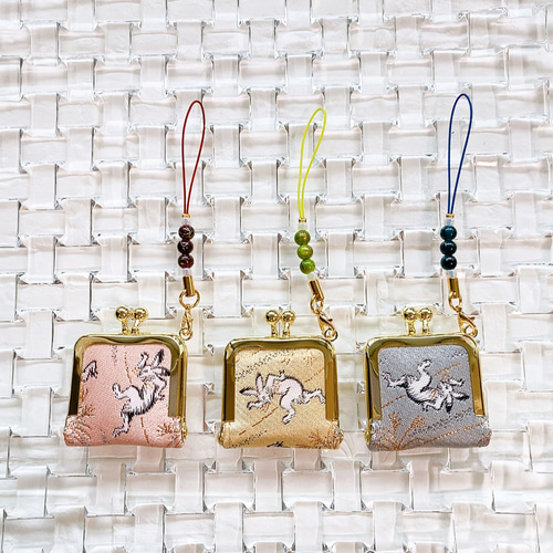 ジュエリーケース 金襴 ミニがま口 和柄ストラップ付 鳥獣戯画/桜