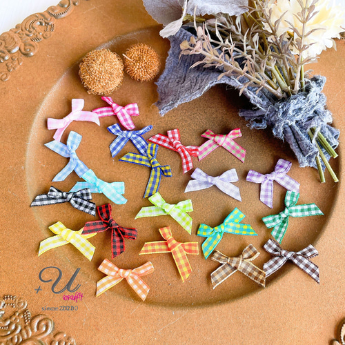 769【パーツ/12ヶ】サテンチェックミニリボン/20色アソート デコパーツ