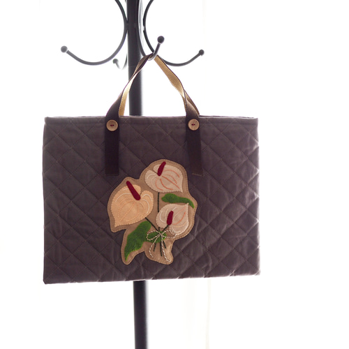 アップリケバッグ 入園・入学の贈り物にも!】お花(アンスリウム)のアップリケ刺繍