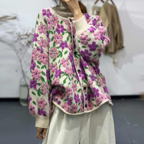 秋色.パープルウールセーター.手編みセーターニット カーディガン  