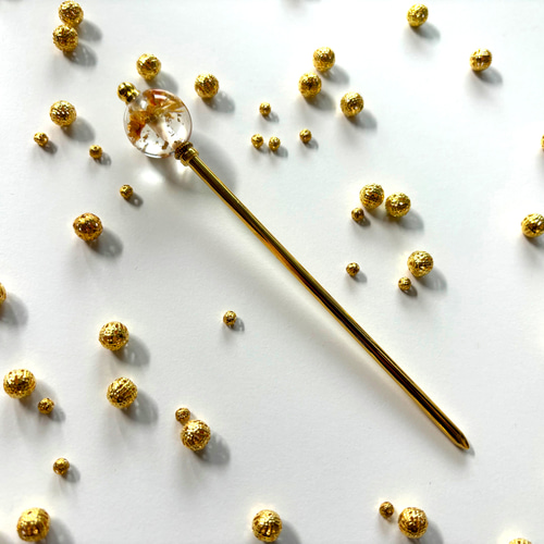 かんざし ドライフラワーの水中花 オレンジ ゴールド 一本挿し 一本簪