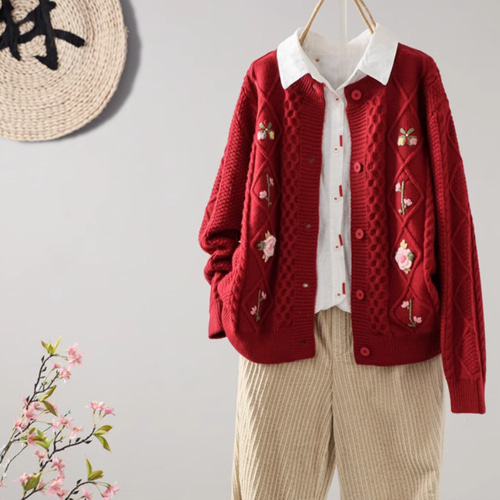 新作】フラワー刺繍ニットカーディガン レトロなクルーネックの 新作】フラワー刺繍ニットカーディガン レトロなクルーネックの