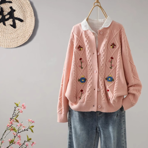 新作】フラワー刺繍ニットカーディガン レトロなクルーネックの 新作】フラワー刺繍ニットカーディガン レトロなクルーネックの