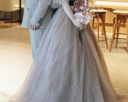 実例写真！カラードレス 取り外しオフショルダー キラキラグリッター