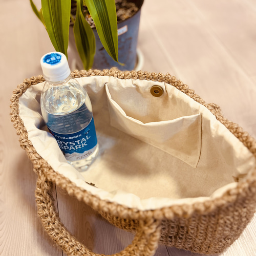 color選べる！取り外し簡単ファーつき〗シンプル横長麻紐バッグ かご