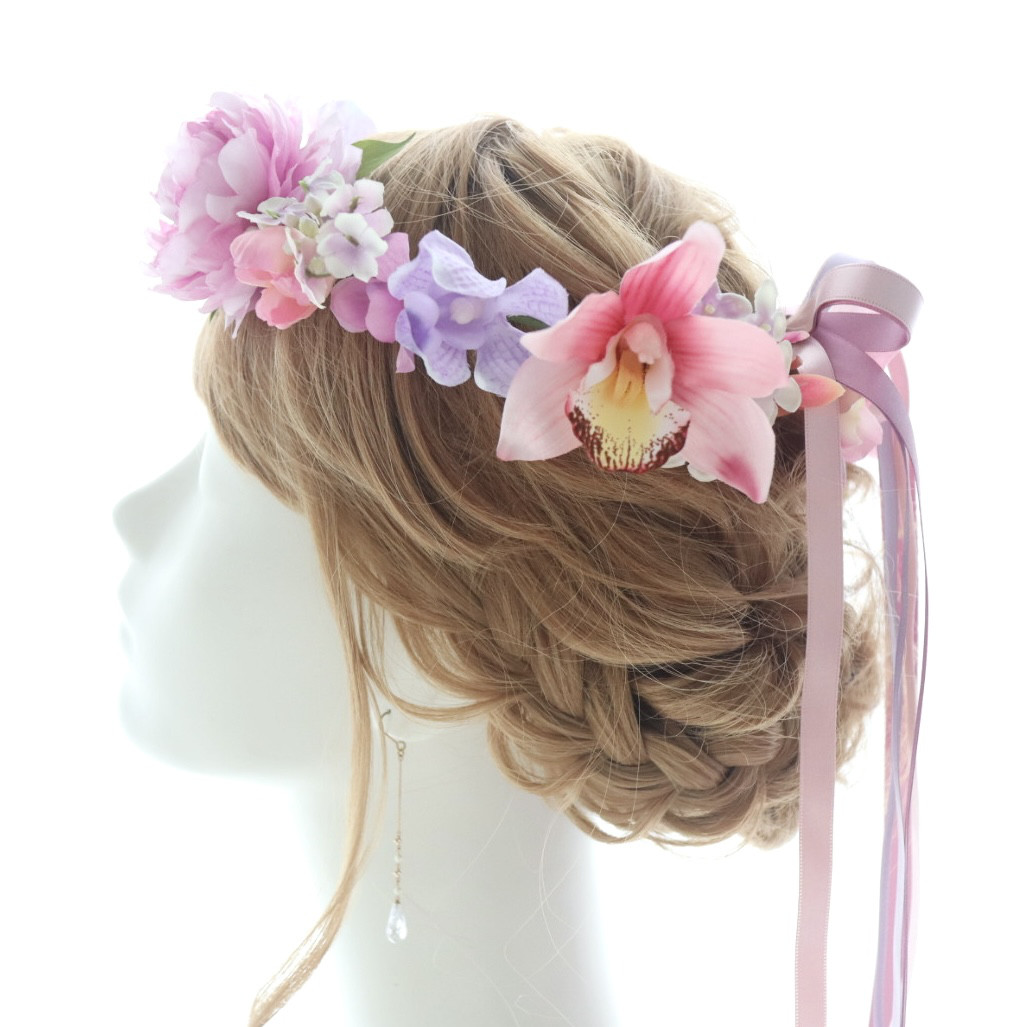花冠　花かんむり　ラン　シンビジューム　ピンク　紫　ダリア　ユリ　ライラック　結婚式　ウェディング　ブライダル　髪飾り