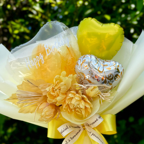 フラワーバルーンブーケ イエロー｜名入れ可｜誕生日・発表会・結婚