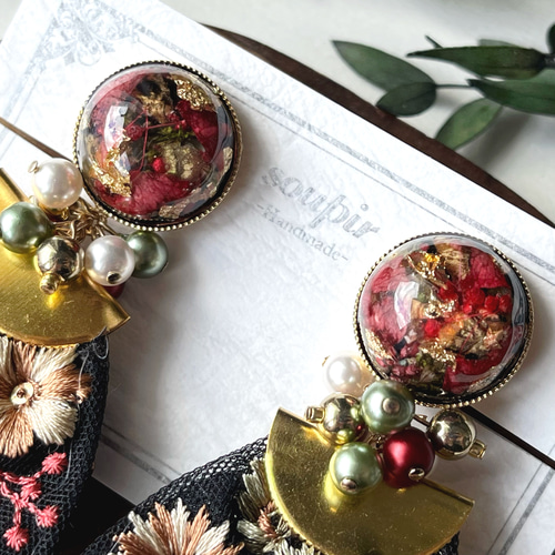 大ぶりチュールインド刺繍リボンタッセルイヤリング/ピアス イヤリング