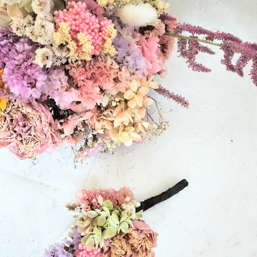 ドライフラワーブーケ くすみピンク ナチュラル ウェディングブーケ 前