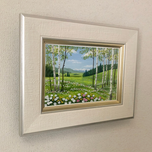 定番の中古商品 シロツメクサの咲くフィールド」アクリル画 原画 額縁付 絵画