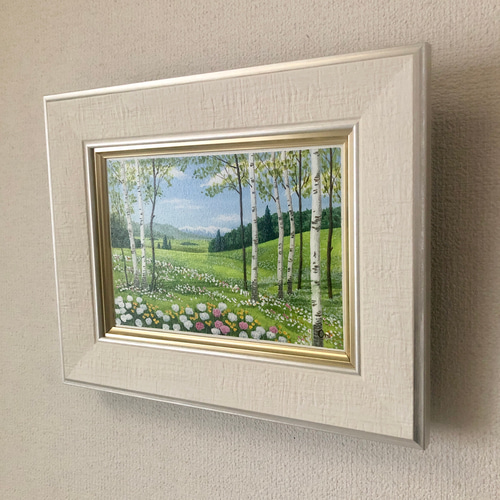 アクリル画原画「シロツメクサの咲くフィールド02」額縁付F3キャンバス