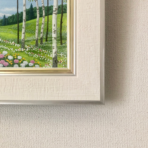 シロツメクサの咲くフィールド」透明水彩画 原画 風景画 額縁付