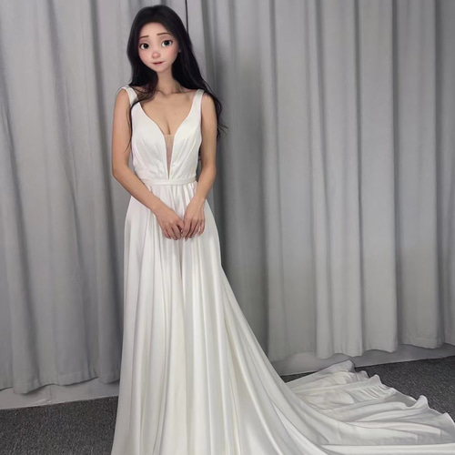 深めvネック くるみボタン 背中空き セクシー Aライン 白 光沢サテン  