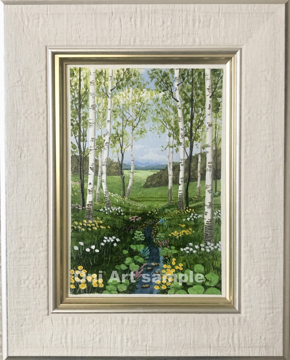 アクリル画原画「野花の咲くフィールド」額縁付キャンバスSMサイズ