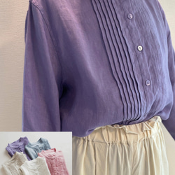 大人気【5color リネン100% フロントプリーツ 】着回し抜群 スタンドカラー 長袖 シャツ T-00067 9枚目の画像